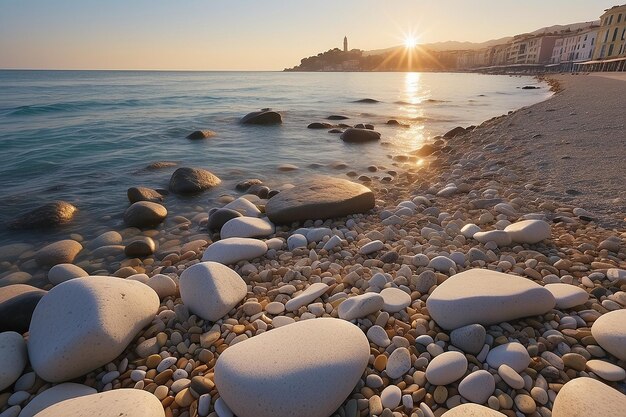 Photo sanremo riviera dei fiori liguria italy scenis rocks and pebbles on beach illuminated beautiful by sunset lig