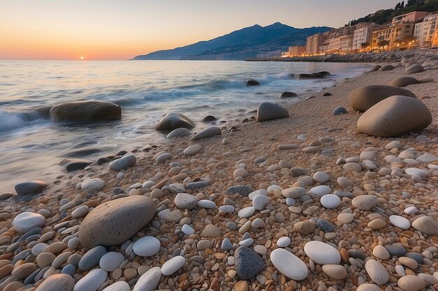 산레모 리비에라 디 피오리 (Liguria, 이탈리아) - 해변의 바위와 자갈, 해가 지는 동안 아름답게 조명됩니다.