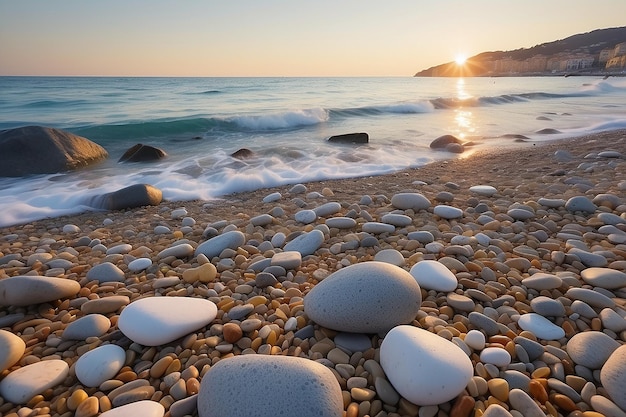 Photo sanremo riviera dei fiori liguria italy scenis rocks and pebbles on beach illuminated beautiful by sunset lig