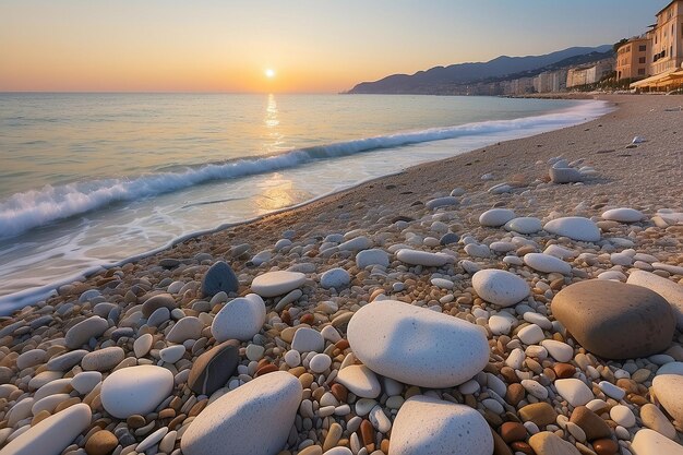 Sanremo riviera dei fiori liguria italy scenis rocks and pebbles on beach illuminated beautiful by sunset lig