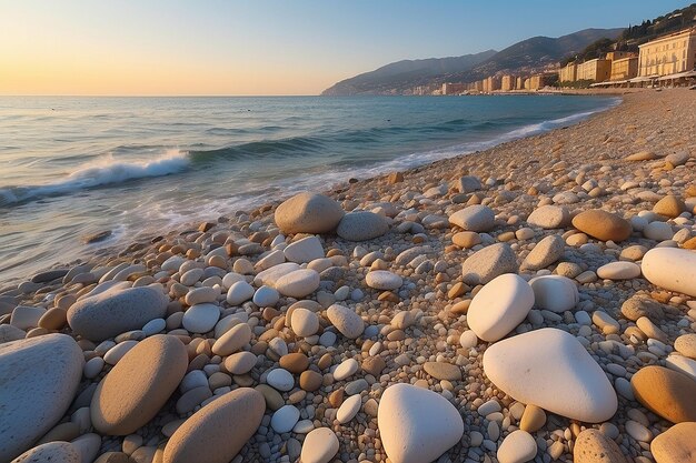 Sanremo riviera dei fiori liguria italy scenis rocks and pebbles on beach illuminated beautiful by sunset lig