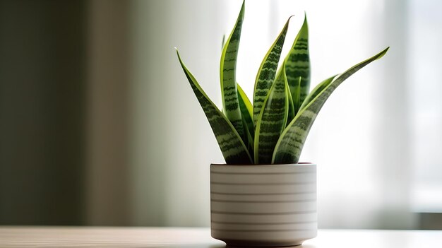 Sansevieria of slangenplanten in een grijze keramische bloempot in de kamer op het licht met zonlicht van de raamachtergrond