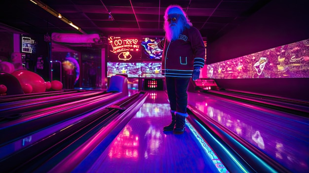 Foto babbo natale mira a un colpo perfetto sulla pista da bowling.