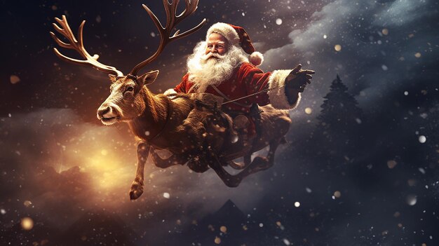 Santa Background With Flying Reindeer