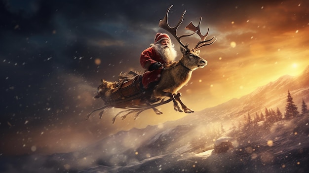 Santa background with flying reindeer