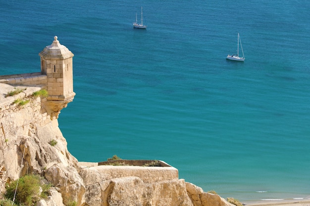 Santa Barbara castle aerial view with blue sea, city of Alicante, Spain