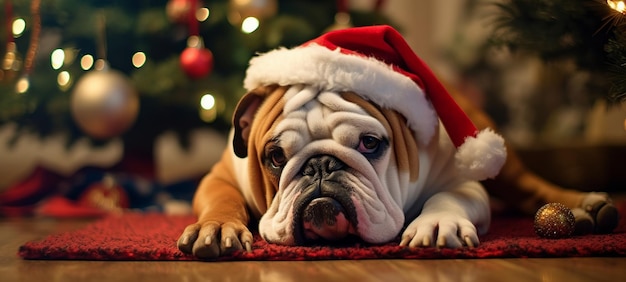 Santa Bulldog near Christmas tree