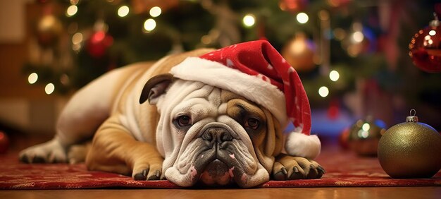 Santa Bulldog near Christmas tree