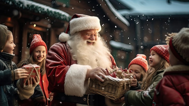 Santa by Gifts in Snowy Village Square