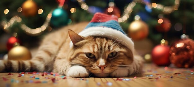 クリスマスツリーのそばのサンタ猫