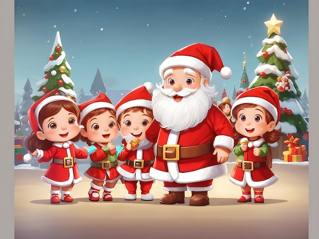 Santa and children in Christmas costume cartoon character Style