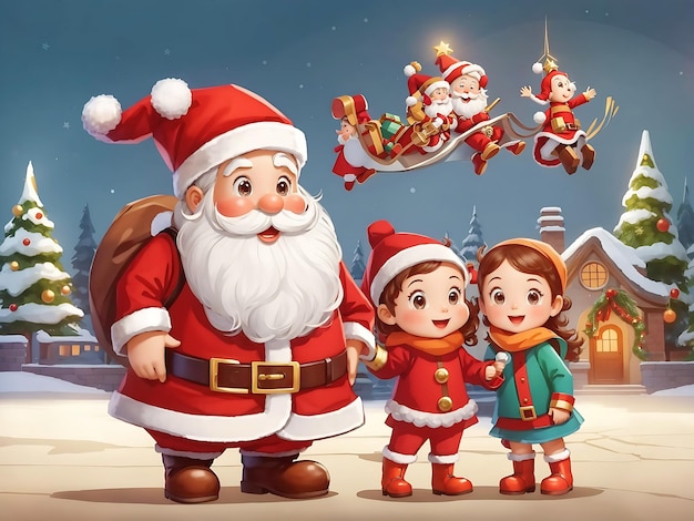 Santa and children in Christmas costume cartoon character Style