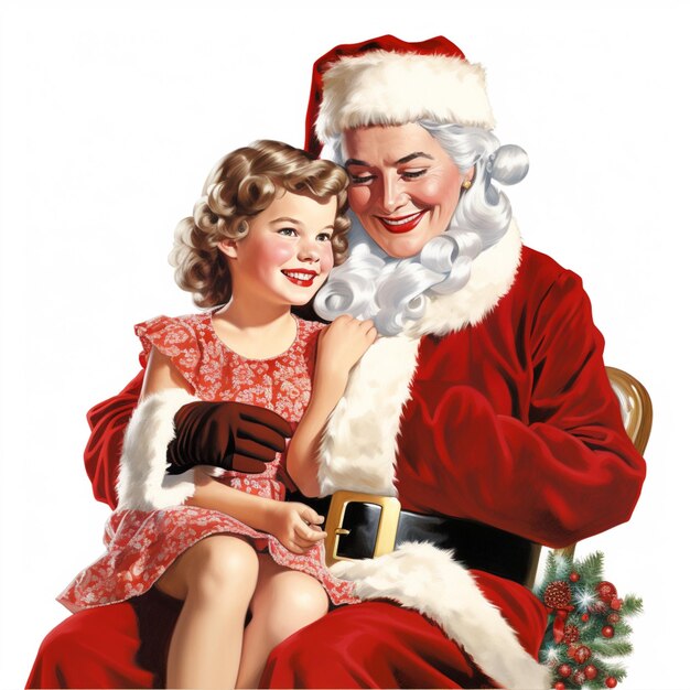 写真 サンタクロースと椅子に座っている小さな女の子
