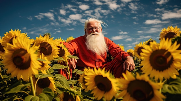 Santa Claus appreciating a field of brilliantly blooming sunflowers under a vivid blue sky