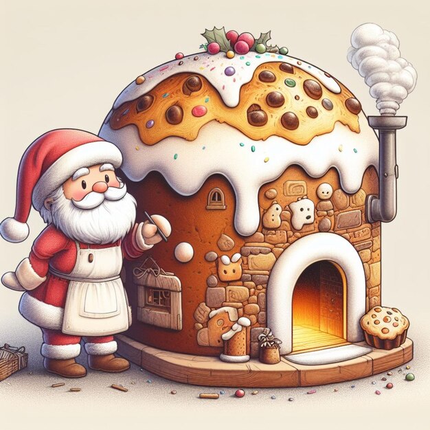 santa claus bake panettone italian christmas sweet cake in xmas atmospehere