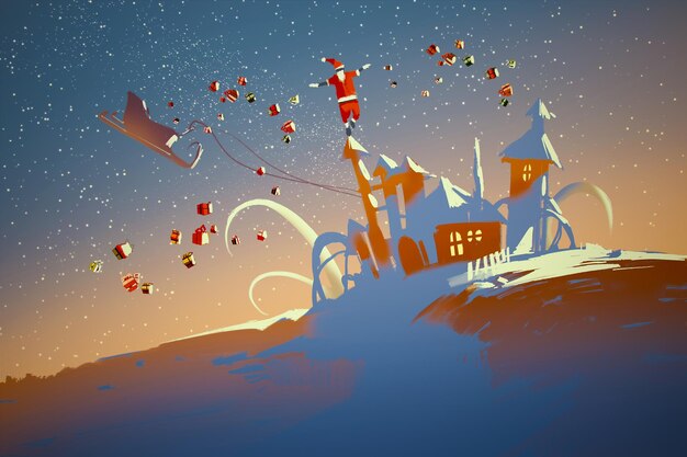 Santa Claus balancing on fantasy houses,illustration