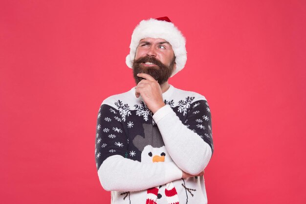 Santa claus bearded guy wish happy new year and merry christmas holiday ready to celebrate party with fun and joy full of xmas gifts, christmas.
