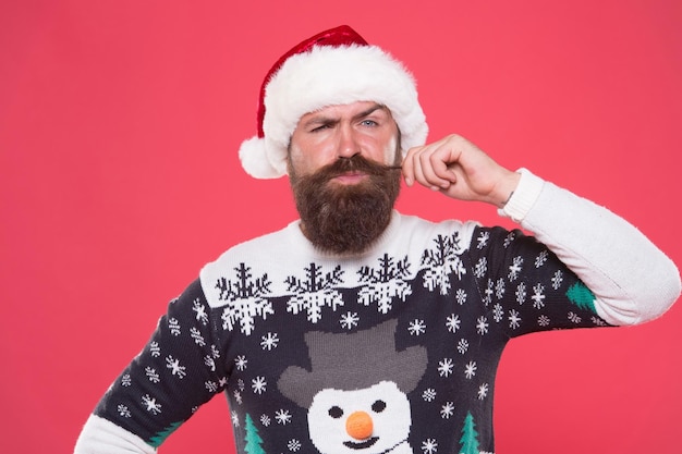 Santa claus bearded man wish happy new year and merry christmas holiday ready to celebrate party with fun and joy full of xmas gifts winter