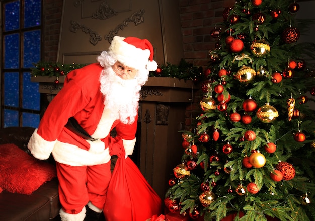 산타 클로스는 크리스마스 선물이 든 자루를 가져옵니다.