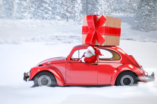 Santa Claus in the car bringing presents