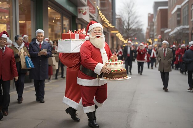 Photo santa claus carrying birthday cake