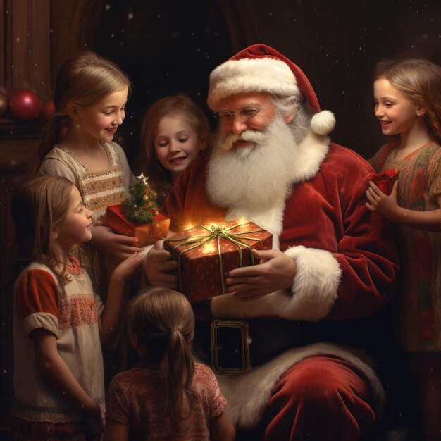 Santa Claus carrying gifts Santa Claus giving gifts to children generative ai