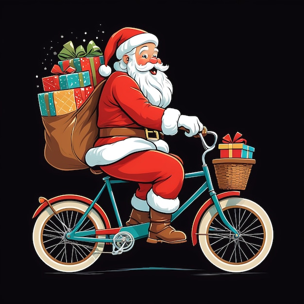 Foto babbo natale che porta regali su una bicicletta e agita