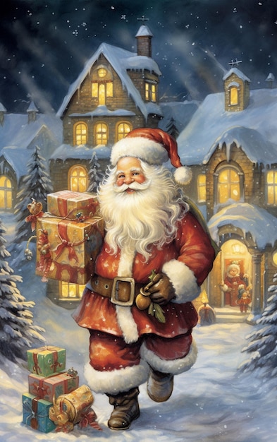 Santa Claus carrying presents in Christmas night postcard