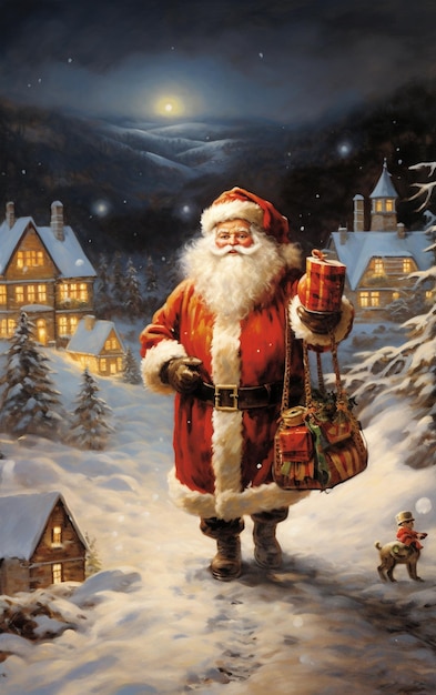 Santa Claus carrying presents in Christmas night postcard