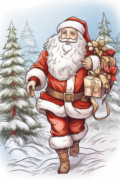 santa claus carrying a sack of presents through the snow generative ai