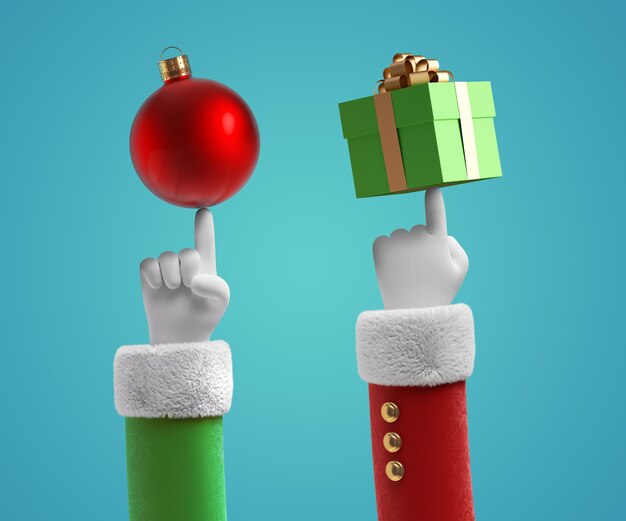 Санта-Клаус мультяшный руки в белых перчатках держат красный стеклянный шар орнамент и зеленую подарочную коробку