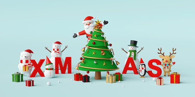 Santa Claus and Christmas character with letters XMAS 3d rendering