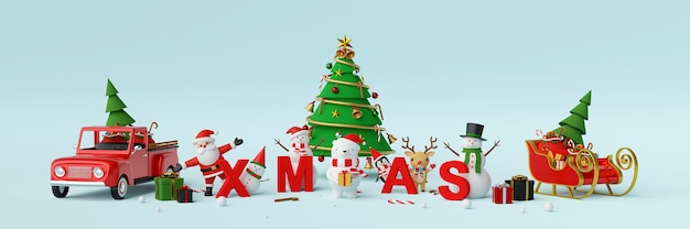 Santa Claus and Christmas character with letters XMAS 3d rendering