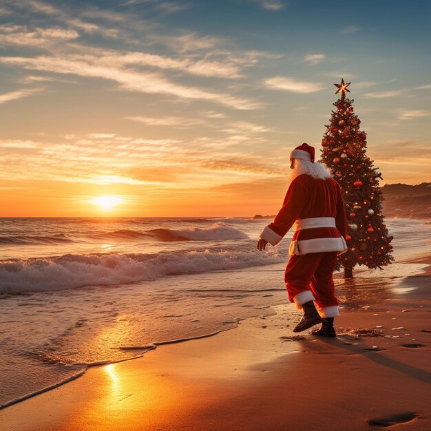 Santa Claus and chtstmas tree on the sandy