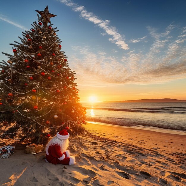 Foto babbo natale e l'albero di natale sulla sabbia