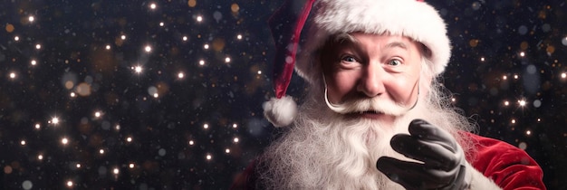 santa claus closeup on a dark background with snow and bokeh banner AI