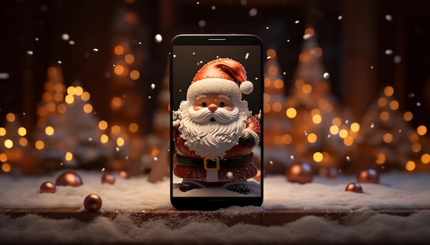 Santa claus coming out of a smartphone screen 3d rendering