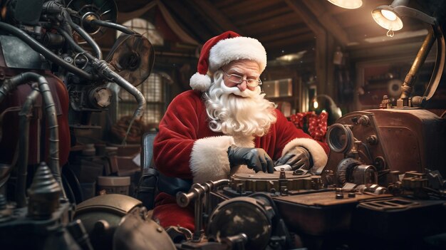 산타클로스 가 마법 의 작업실 에서 장난감 을 만들고 있다
