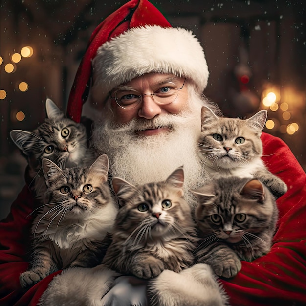 Santa Claus and cute kittens with beautiful Christmas lights Christmas card concept