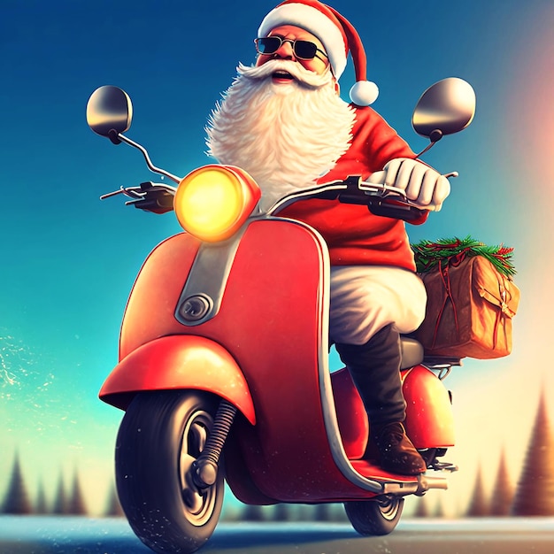 Santa claus delivering christmas gift by scooter retro art