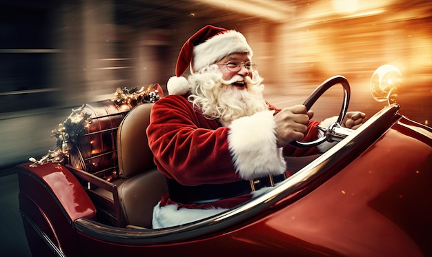 サンタ クロースがプレゼントを超高速で車で家から家へと運転する映画のようなシーンを届ける