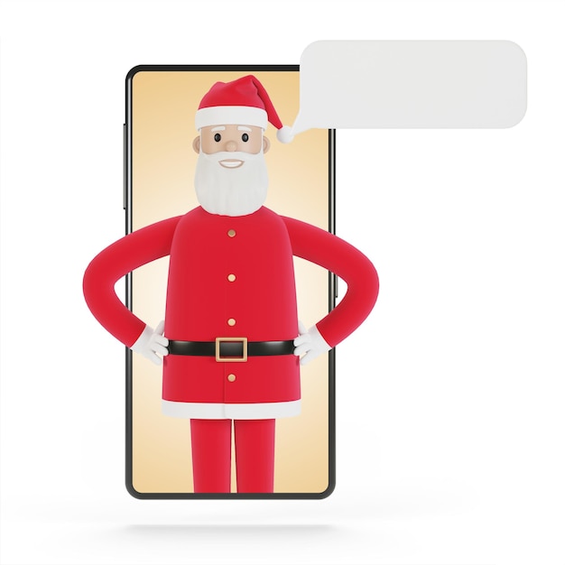 Santa Claus delivers gifts online gifts to people Smartphone screen with Santa Claus Online shopping delivery 3D illustration in cartoon style