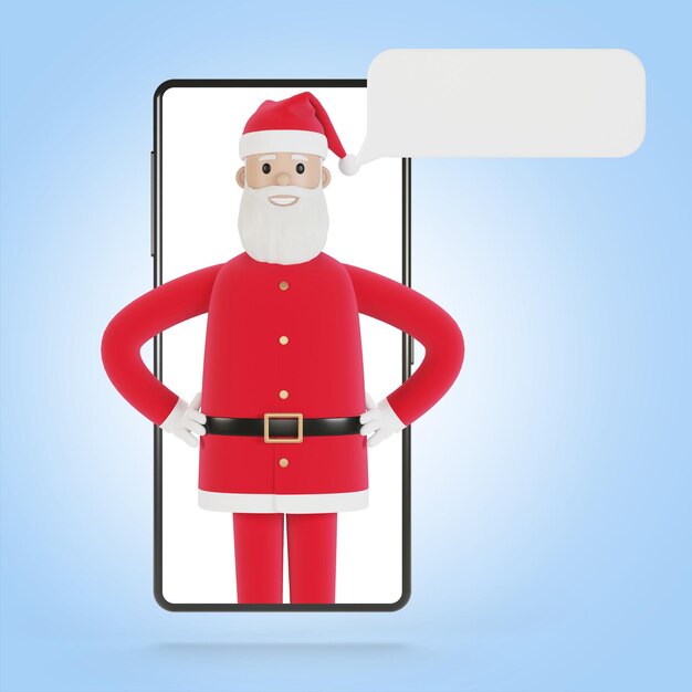 Santa Claus delivers gifts online gifts to people Smartphone screen with Santa Claus Online shopping delivery 3D illustration in cartoon style