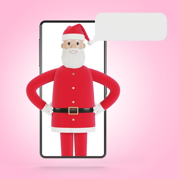 Santa Claus delivers gifts online gifts to people Smartphone screen with Santa Claus Online shopping delivery 3D illustration in cartoon style