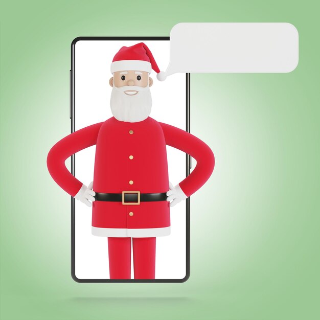 Santa Claus delivers gifts online gifts to people Smartphone screen with Santa Claus Online shopping delivery 3D illustration in cartoon style