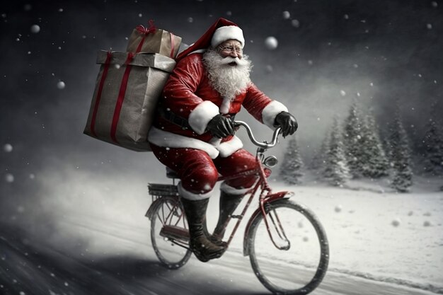 Santa Claus delivers packages with gifts for children on a bike