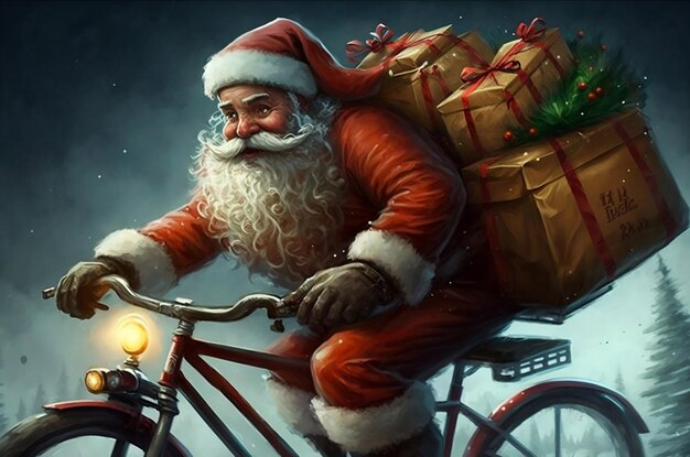 Santa Claus delivers packages with gifts for obedient children on a bike