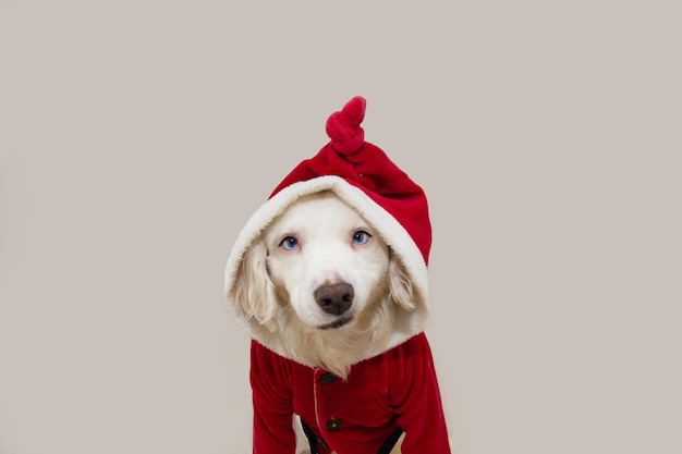 Santa claus dog with funny expression face celebrating christmas. Isolated on gray background