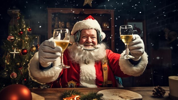 Santa claus drinking champagne and having fun at home Christmas and New Year concept