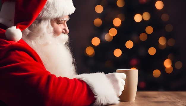 Santa Claus drinking coffee with lights in the background